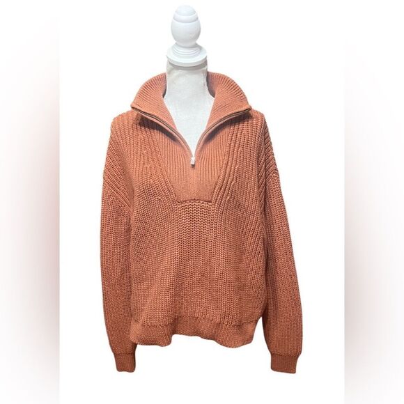 Theory Half-Zip Sweater in Rib Knit Cotton in Terracotta Size Medium - Picture 3 of 7